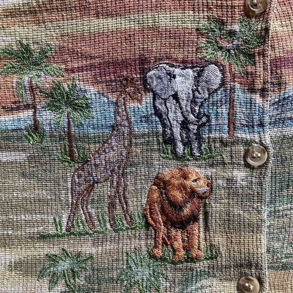 Vtg Casey & Max Safari Animal Embroidered Button Up Shirt Womens L Beige Africa - Picture 5 of 12